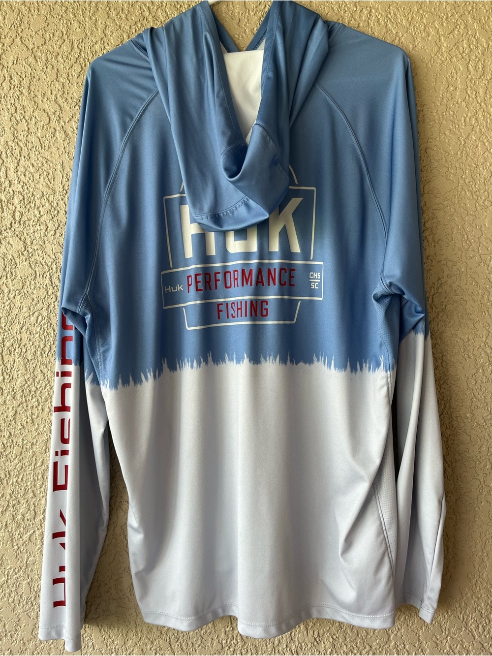 Huk Men's Hooded Swim Shirt in Light Blue and White with Red Logo